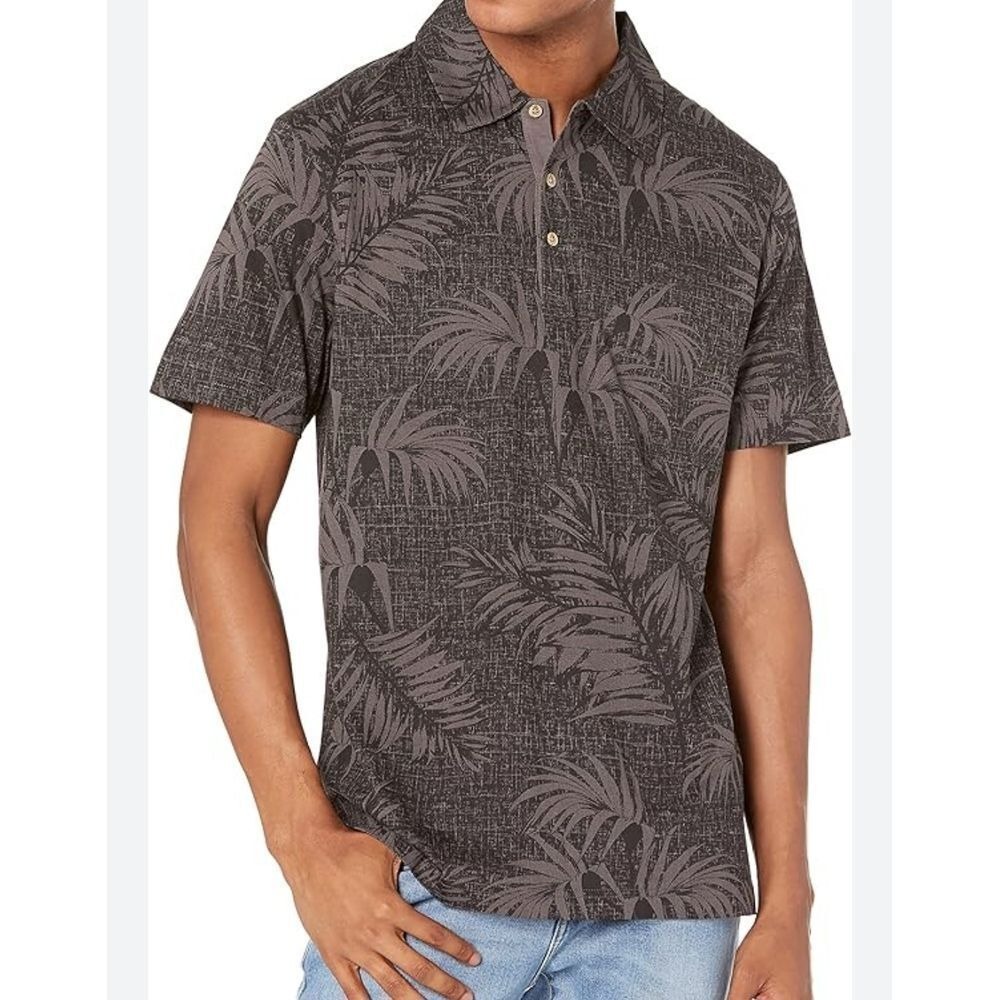 Men's Cubavera Leaf Print Polo Shirt Grey Tropical Resort Wear Size Large